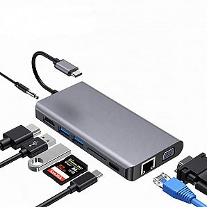 Type-C Hub All in one hub card reader VGA RJ45 HD-MI Audio Ports Type-C charging 8 in 1 USB-C Hubs for Macbook